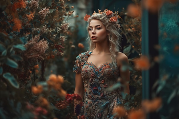 A woman in a floral dress stands in a garden surrounded by flowers.