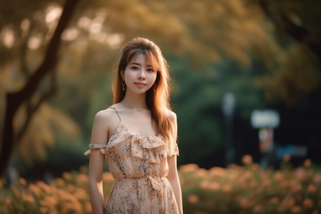 A woman in a floral dress stands in a park.