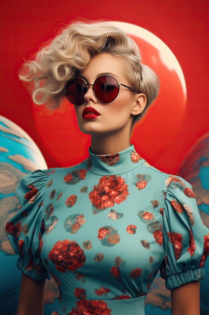 A woman in a floral dress with sunglasses against an abstract red and blue art background