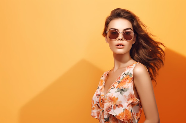 A woman in a floral dress with sunglasses
