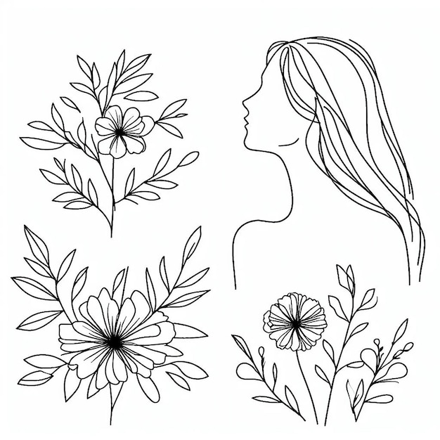 Woman and floral minimal hand drawn line art style on a white background