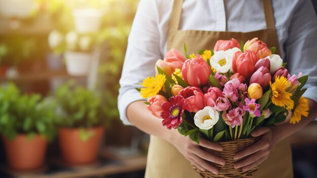 Woman florist holding in her hands a beautiful bouquet of various fresh flowers for sale High quality photo