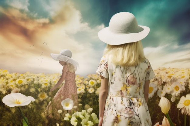 Foto una donna in un campo di fiori con un cappello