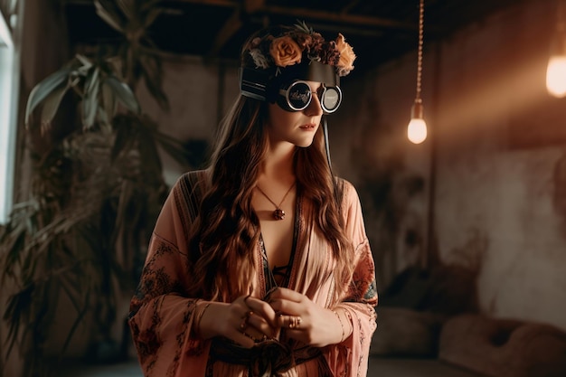 A woman in a flowered dress stands in front of a light bulb.