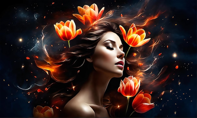 Woman and flowers against a space background