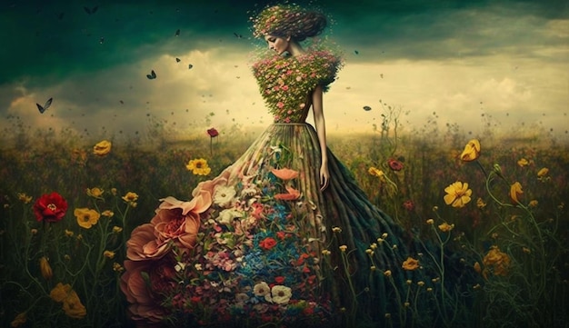 A woman in a flowery dress stands in a field of flowers.