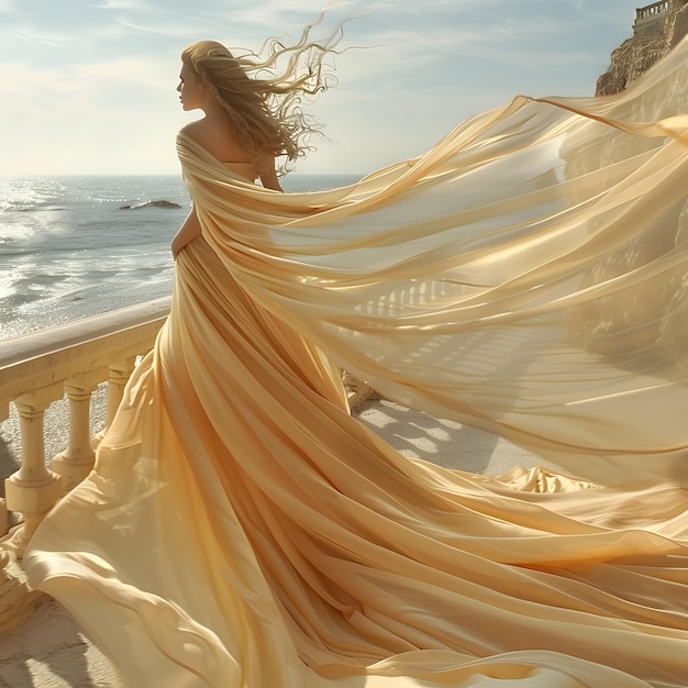 A woman in a flowing dress on a balcony gazing at the ocean