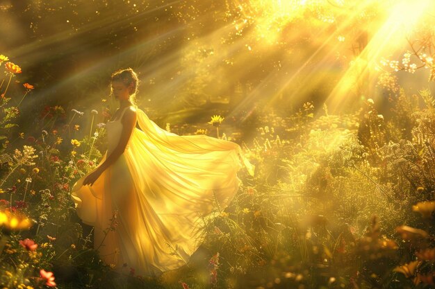 Женщина в длинном платье, купающаяся в солнечном свете.