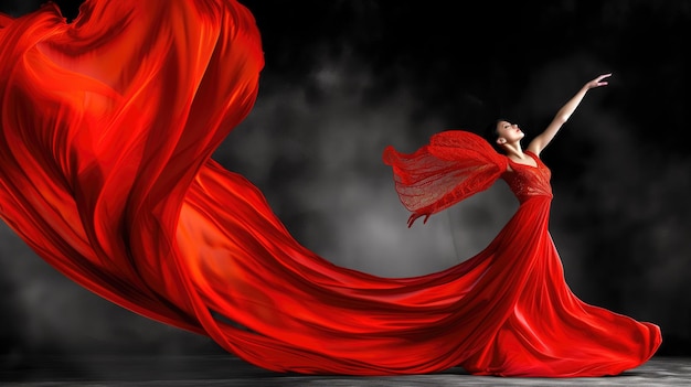 ダイナミックな動きで流れる赤いドレスを着た女性