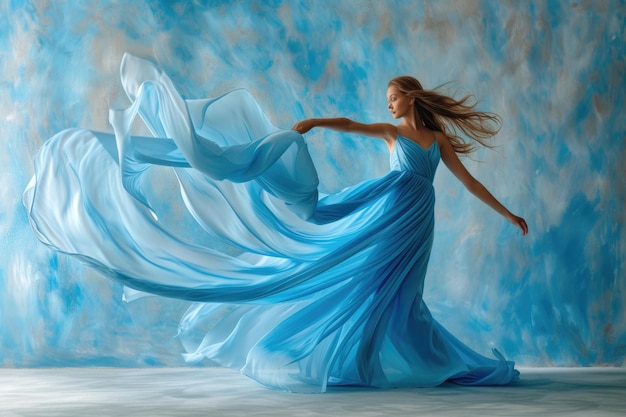 Woman in a fluttering cloth blue dress Generative Ai