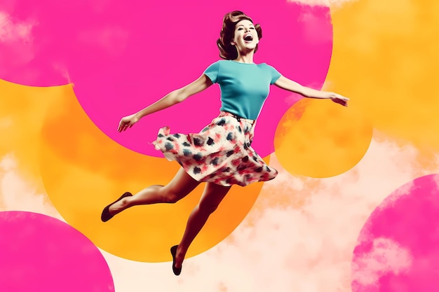 Foto una donna che vola in aria con uno sfondo rosa e giallo in stile collage rivista