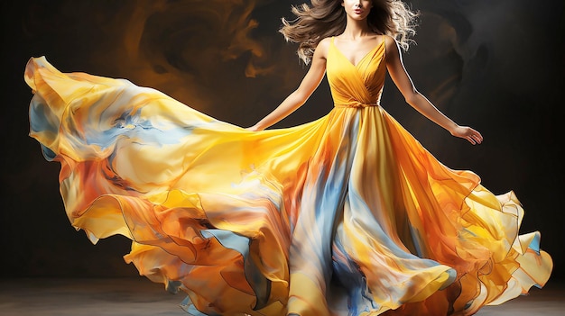 Woman in flying Dress with Long Train Back Luxury Fashion Model Elegant Glamour