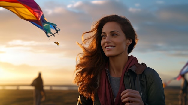 Woman Flying Kite in Field