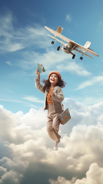 a woman flying through the air with a plane in the background