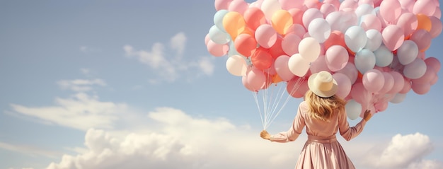 Woman flying with multicolored balloons to the blue sky positive attitude joy and happiness freedom
