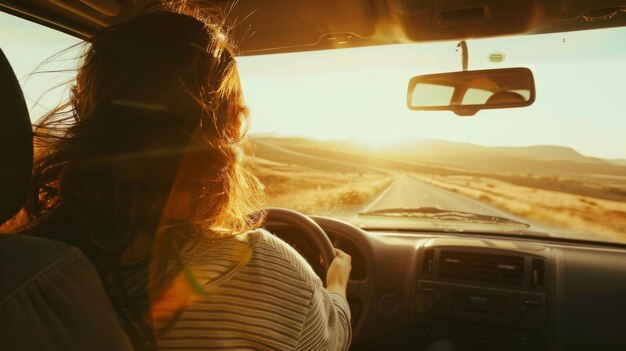 Foto una donna concentrata sulla guida mentre naviga su una strada rurale nella sua auto circondata da alberi e campi