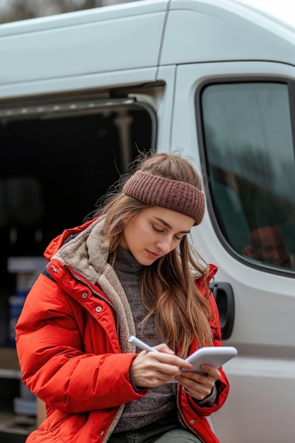 Фото Женщина сосредоточена на написании записей рядом с фургоном на открытом воздухе