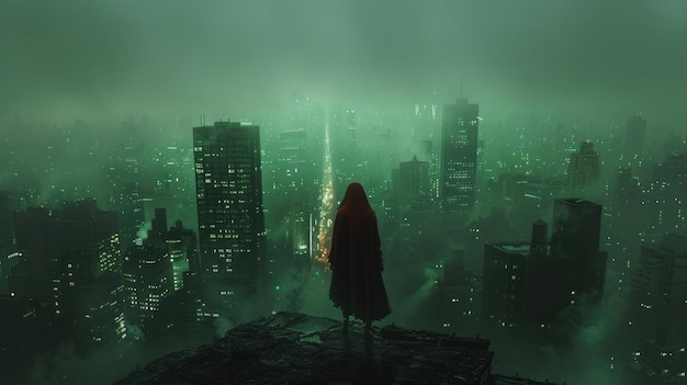 woman in a foggy city