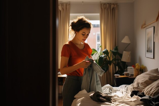 Foto donna che piega i vestiti in camera da letto