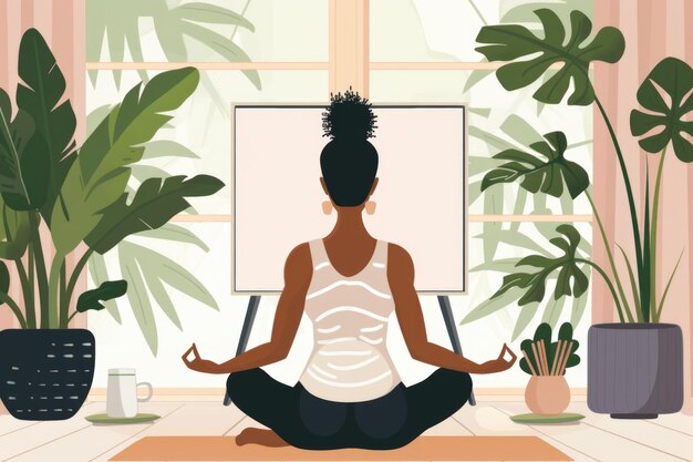 Woman following online yoga class