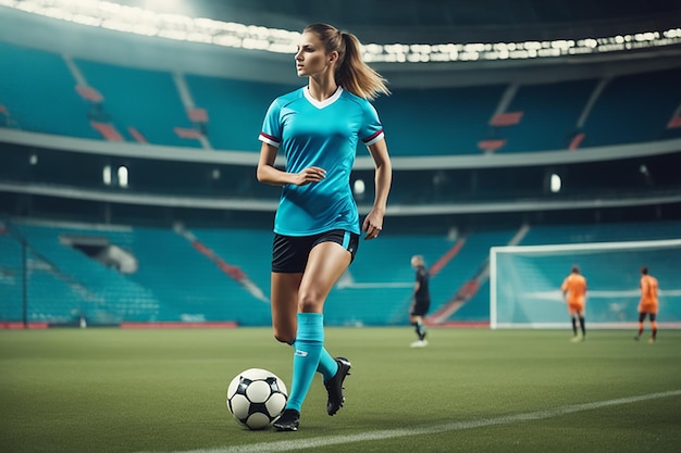 Woman football player in the stadium