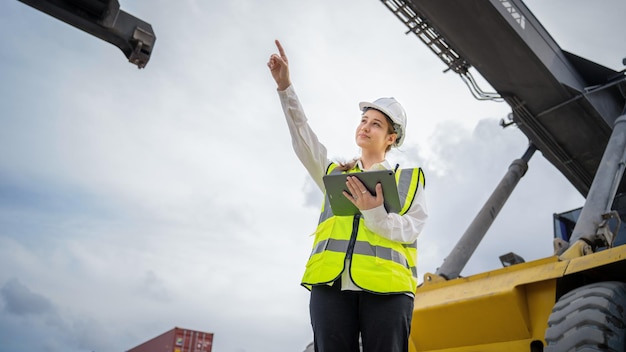 Donna caposquadra controllo carrello elevatore carico container carico dal camion al porto in magazzino manager uso tablet in casco bianco supervisore sicurezza in container terminal personalizzato porto concetto import export