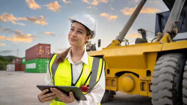 Woman foreman control forklift loading containers cargo from\
truck to port in warehouse manager use tablet in white helmet\
safety supervisor in container custom terminal port concept import\
export