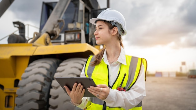 Woman foreman control forklift loading containers cargo from\
truck to port in warehouse manager use tablet in white helmet\
safety supervisor in container custom terminal port concept import\
export