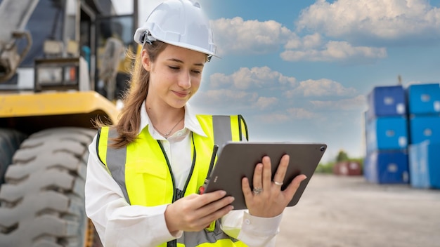 Woman foreman control forklift loading containers cargo from\
truck to port in warehouse manager use tablet in white helmet\
safety supervisor in container custom terminal port concept import\
export