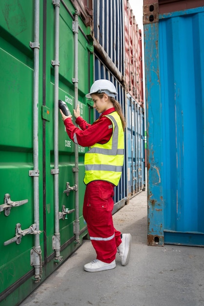 Woman foreman and operator using credit card swipe machine for\
checking code of cargo container before import exprot concept\
logistics transportation shipping lady foreman checking cargo\
warehouse