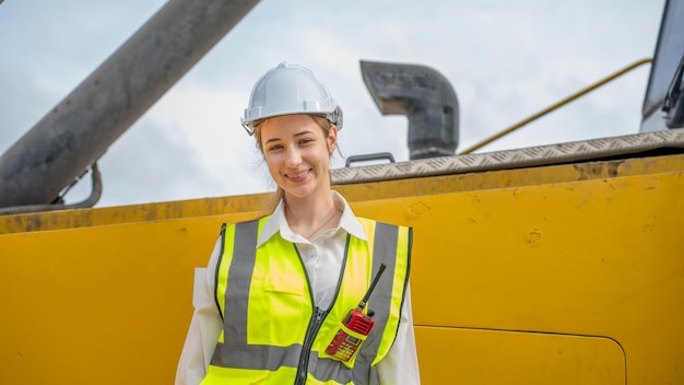 Woman foreman smile at side of cargo forklift in warehouse\
manager use tablet in white helmet safety supervisor in container\
custom terminal port concept import export