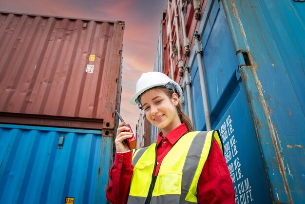 Woman foreman smile using walkie talkie in front of cargo\
forklift in warehouse manager in white helmet safety supervisor in\
container custom terminal port concept import export