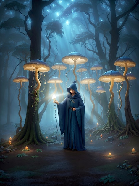 a woman in a forest holding a wand and mushrooms