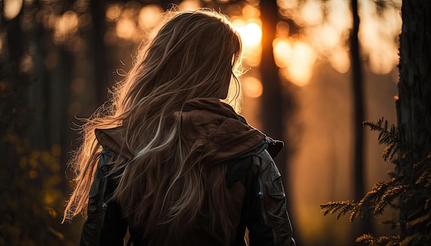 A woman in a forest looking at the sunset