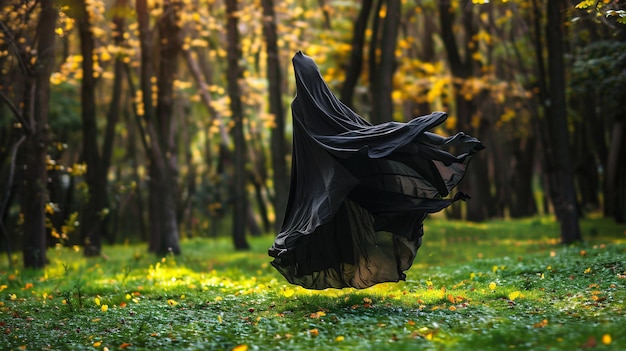 Photo a woman in a forest with a black cape on her head