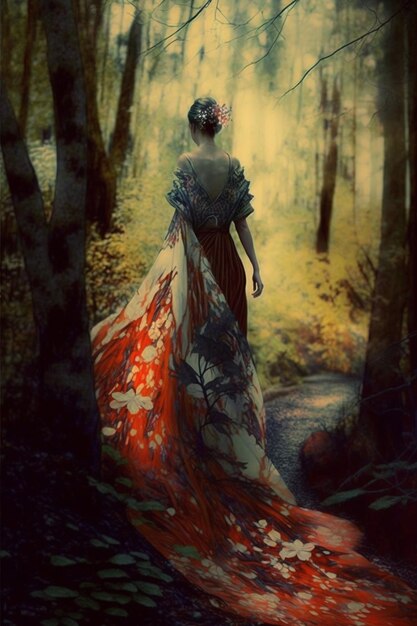 A woman in a forest with a flowered dress