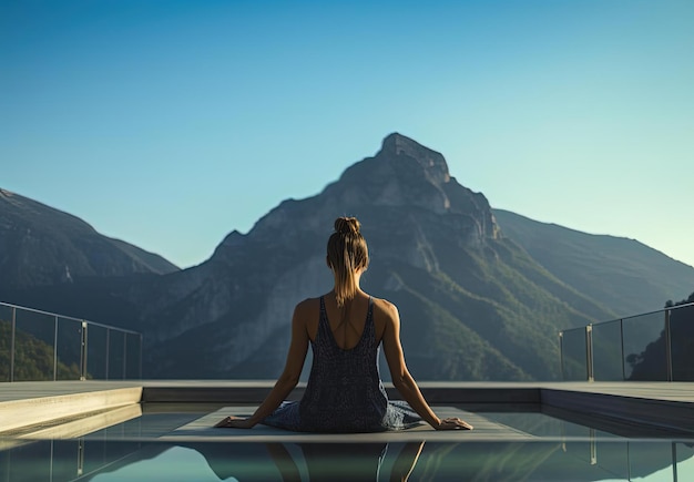 a woman in the form of yoga on top of pool in the style of calm and meditative