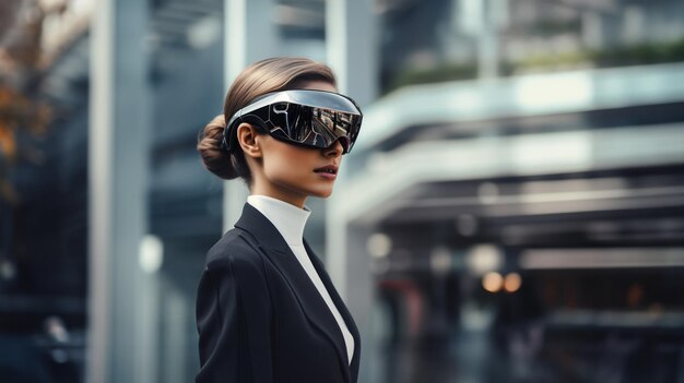 Photo a woman in a formal suit wearing augmented reality glasses against blurry futuristic city ai generated
