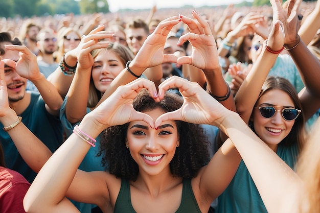 Foto donna che forma la forma di un cuore con le mani nella folla al festival musicale estivo