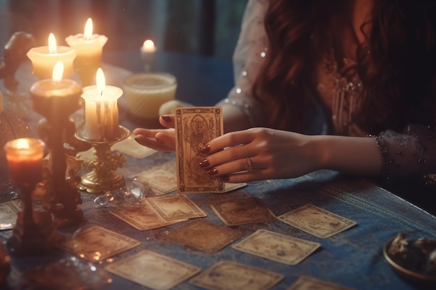 Woman fortune teller reading tarot cards with AI generated