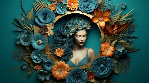 A woman in a frame of flowers with a blue dress and a flower on the bottom.