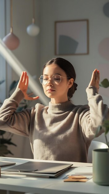 Photo woman freelance worker does yoga exersice at workplace enjoys calm tranquil atmosphere wears roun