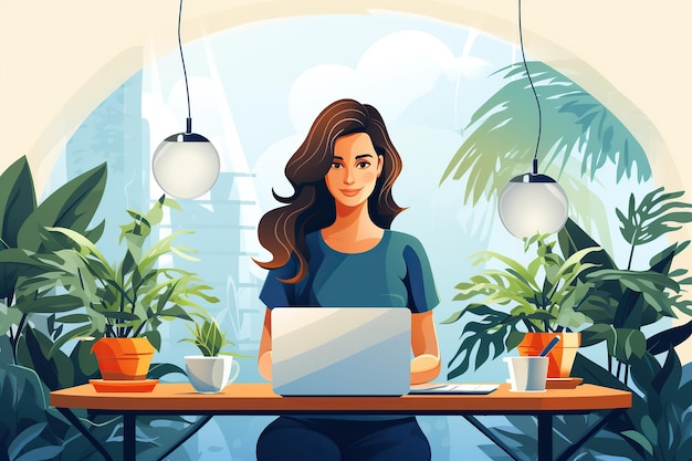 Photo woman freelancer working online flat illustration ai generated