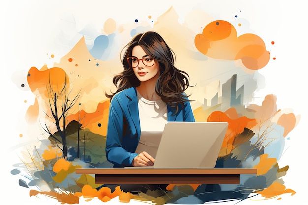 Woman freelancer working online flat illustration AI Generated