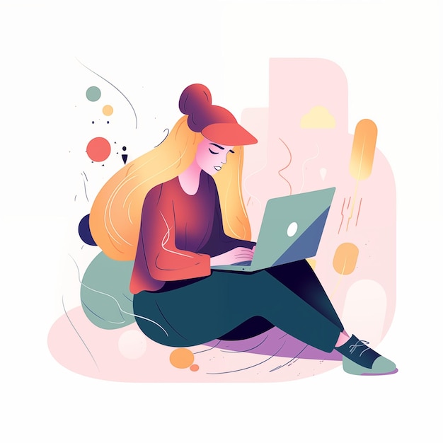 Женщина-фрилансер, работающая с иллюстрацией на ноутбуке в стиле векторной графики