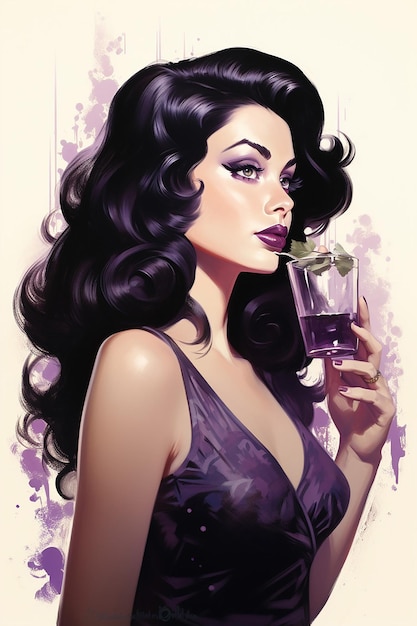 Photo woman from the 50s long black hair dark brown eyes violet lipstick rockabilly dress drinking fr