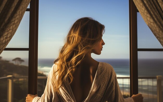 Foto una donna di spalle sulla terrazza di una camera d'albergo con un'ia sea view