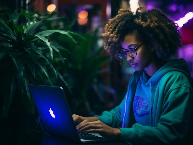 Woman from Colombia working on a laptop in a vibrant urban setting