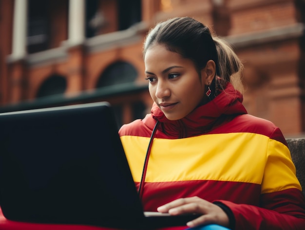 Woman from Colombia working on a laptop in a vibrant urban setting