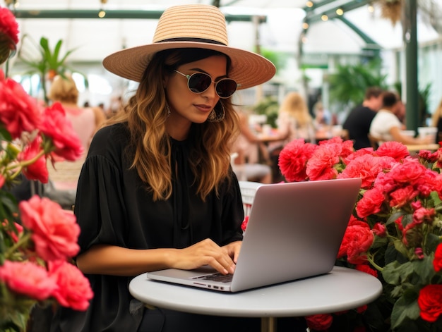 Woman from Colombia working on a laptop in a vibrant urban setting